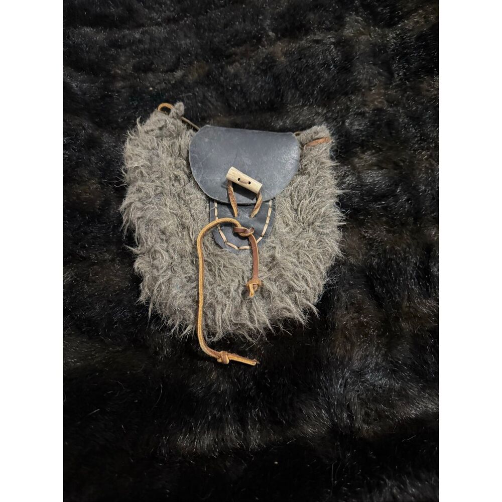 Medieval belt pouch, runes, leather, faux fur LARP, fantasy,  7x8